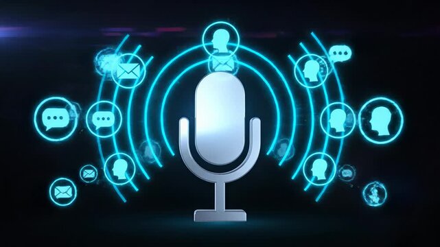 Digital microphone icon with blue sound waves on dark background
