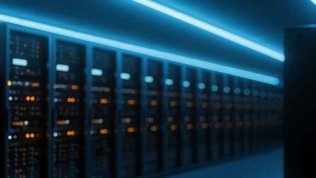 a row of computer servers in a data center with blue lights on the ceiling above - Powered by Adobe