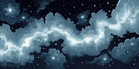 Pixelated night sky, a flowing milky way between cumulus clouds and twinkling stars