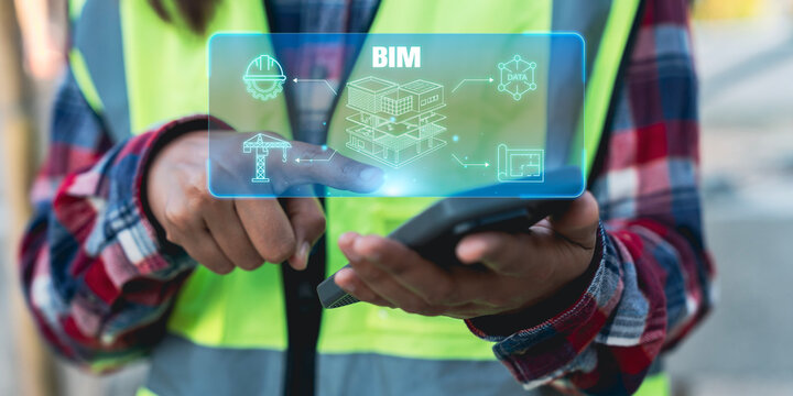 Engineer using smartphone for ConTech and BIM construction technology to manage smart building projects and infrastructure innovation, bim modeling technology, smart building, civil engineering