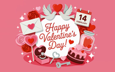 Happy Valentines Day Card with Hearts and Dove Illustration