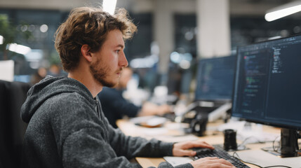 Focused game developer coding character animation in modern office environment, showcasing creativity and technology