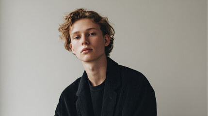 Fototapeta premium Stylish gender neutral fashion portrait featuring young individual with curly hair against clean background