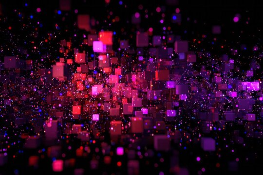 Numerous glowing digital cubes and particles explode outward against a dark background