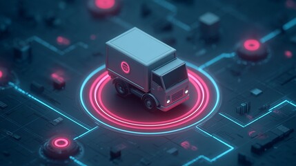 Delivery truck icon on digital network platform. 3D isometric cargo van on futuristic circuit board with neon rings, logistics technology, smart shipping and tracking concept.