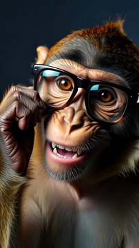 Funny monkey with eyeglasses looking up with open mouth, concept for curiosity and discovery, close up portrait view, creative idea