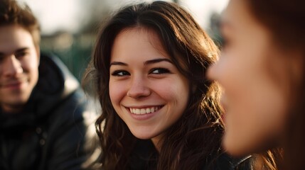 A young woman smiles warmly outdoors surrounded by friends in soft sunlight conveying joy and connection