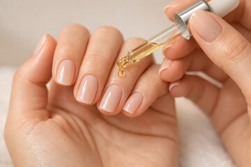 Close-up of a hand holding a dropper, applying yellow oil to clean, glossy nails. Ideal for nail care, beauty routines, and skincare visuals.