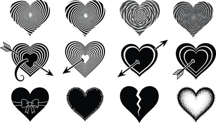 Abstract heart icons collection featuring spiral arrows bows broken love symbols valentine tattoo style black vector illustration set design pack