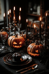 Sophisticated Halloween table setting with orange pumpkins, black candles, and elegant dinnerware on a dark tablecloth, perfect for high-end seasonal branding