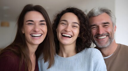 Two women and a man laughing heartily together in a warm indoor setting