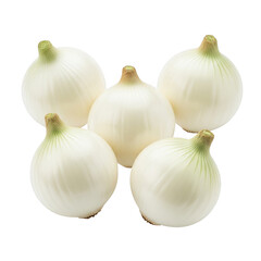Fototapeta premium A cluster of five fresh white onions showcasing smooth surfaces and green stems on transparent background