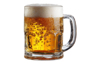 Cold Glass Mug of Beer with Foam and Bubbles Isolated on Transparent Background