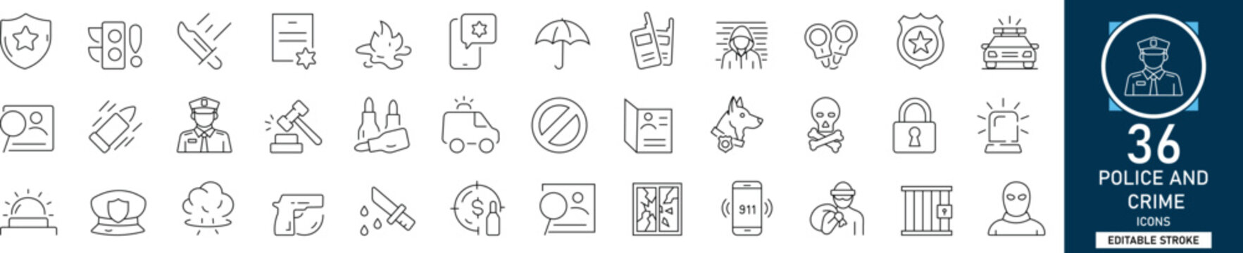 Police and crime line icon set featuring law enforcement, security, and justice symbols. Ideal for news apps, legal websites, and security UI design. Fully editable.