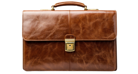 Vintage Brown Leather Briefcase with Gold Clasp and Handle Isolated on Transparent Background