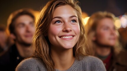 A young woman smiles happily looking up in a crowd at an event with soft warm lighting