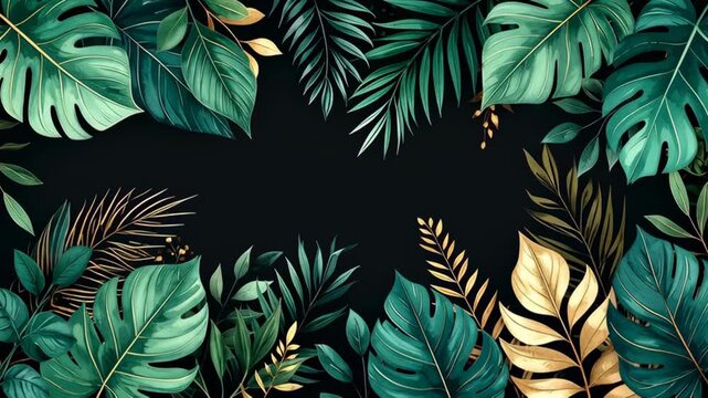 Lush tropical foliage composition with monstera and palm leaves, showcasing botanical elegance against a dark backdrop for a sophisticated design.