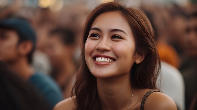 A young woman with a radiant smile looks up surrounded by a blurred happy crowd at an outdoor event