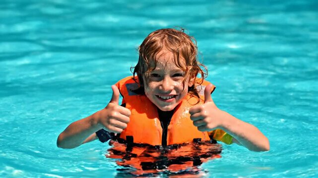 Young boy wearing orange life jacket giving thumbs up in swimming pool water