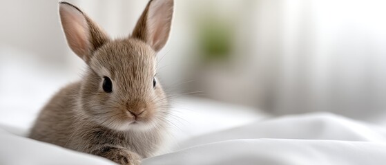 Gray rabbit sits on fluffy blanket looking at camera in a cozy bedroom with pastel background and space for text