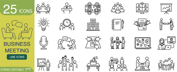 Business meeting line icon set for corporate communication. Professional outline symbols for presentation, teamwork, and strategy. simple vector collection for modern workflow