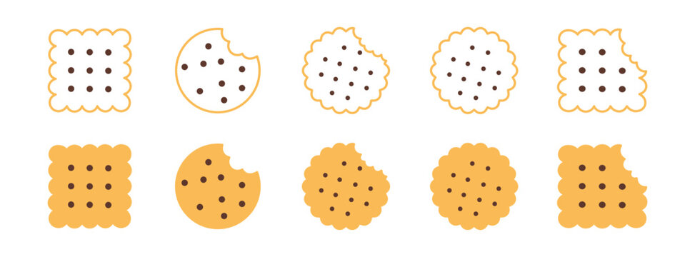 Cookie Icon Set, Biscuit and Sweet Snack Symbols, Food and Bakery Treat Icons, Outline and Solid Style, Vector Illustration