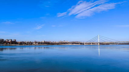 Fototapeta premium landscape by the Danube river in sunny winter day in January