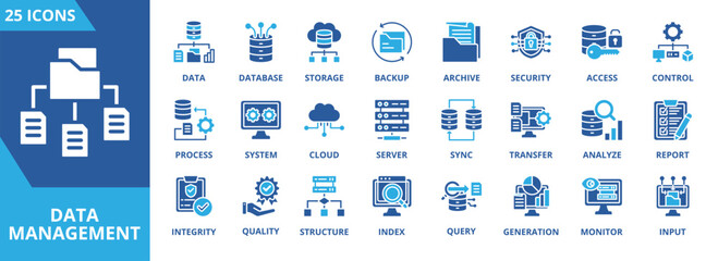 Data Management icon collection set. Containing data, database, storage, backup, archive, security, access, control icon. Simple flat vector