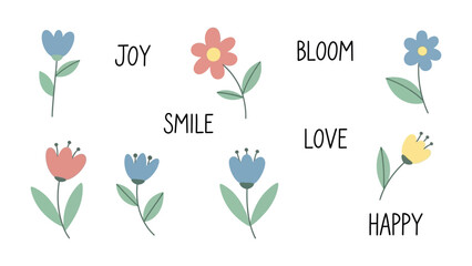 Blooming Happiness: Captivating illustration features vibrant floral elements and positive word associations, symbolizing the essence of joy, love, and blossoming happiness.