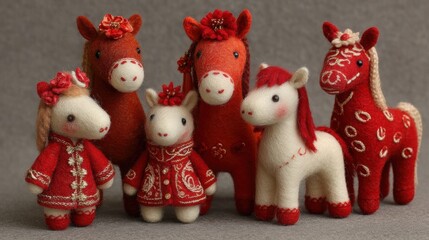 Chinese traditional lunar new year Spring Festival celebration in Asia. A group of intricately crafted needle felted horses and dolls, each adorned with vibrant red and white dresses.