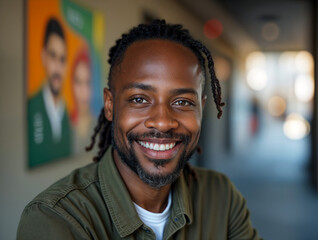 Fototapeta premium A cheerful black man with dreadlocks in green jacket and white shirt smiles in a colorful poster-lined corridor. Ideal for workplace diversity and urban office content.