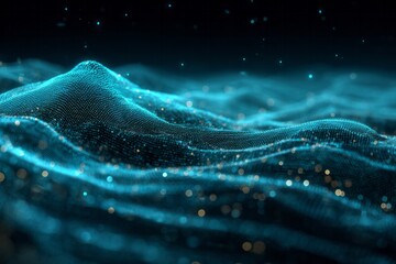 Glowing digital mesh surface undulates with bright blue light against a dark background