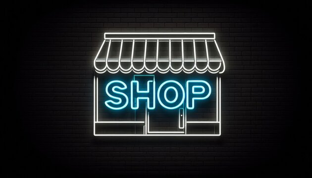 Bright neon sign showing the word shop on a dark brick wall. The sign glows against the background at night in the city - Powered by Adobe