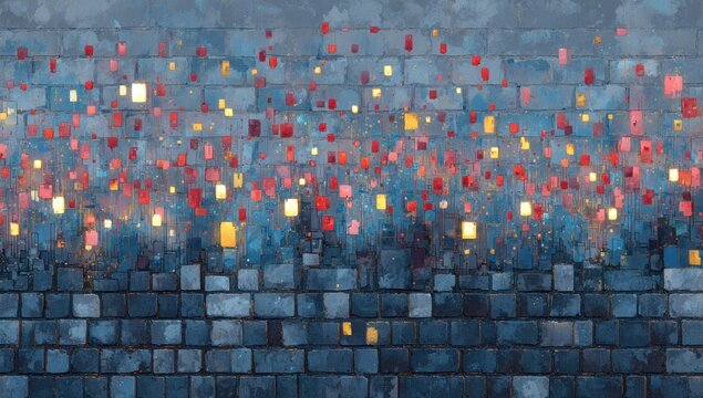 Watercolor painting of a brick wall with floating colorful glowing lanterns against a cloudy sky - Powered by Adobe
