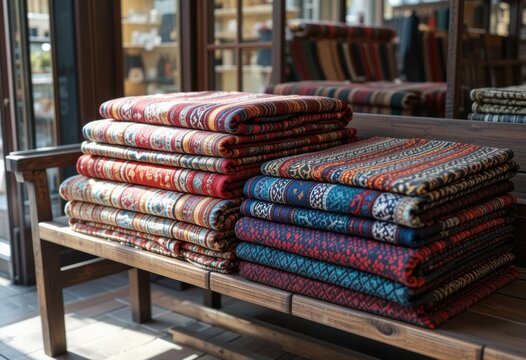 Mantas &eacute;tnicas dobladas con ricos colores y texturas sobre un banco de madera, con la luz del sol entrando a trav&eacute;s del escaparate de la boutique