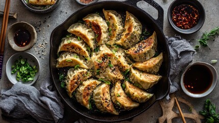 Chinese traditional lunar new year Spring Festival celebration in Asia. A topdown view of a cast iron skillet filled with steamed dumplings, sesame seeds, and green onions.