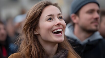 A young woman s radiant smile and hearty laughter convey pure joy as she looks upwards surrounded by a blurred audience