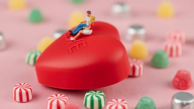 Miniature man and woman figures sitting on a heart with changing perspective among various candies on pink.