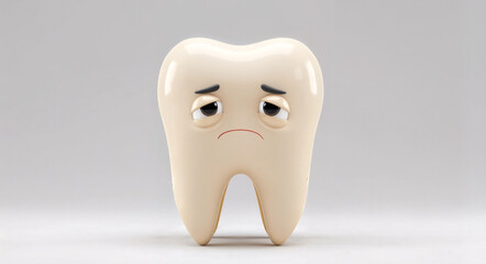 A cartoon tooth with a sad expression on a gray background, perfect for pediatric dental posters, health education for kids, and emotional learning materials.