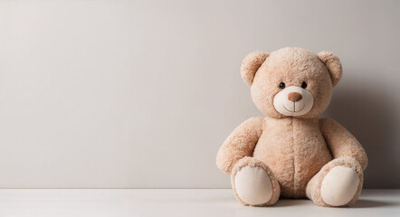 Obraz premium A light brown teddy bear with a friendly expression on a white background, great for children's product photography, nursery decor, and sentimental gift themes.