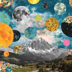 Surreal collage celestial bodies & mountain range. Diverse, colorful spheres amidst galaxy backdrop