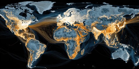 World map visualization shows dense networks of global connectivity with glowing orange and blue lines