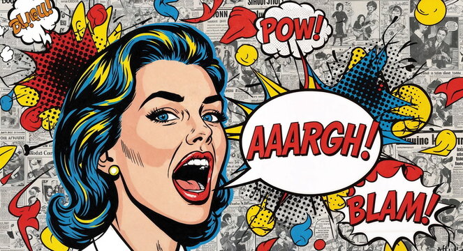 A pop art woman with blue hair and comic text explosions, great for edgy brand graphics, music poster designs, and vibrant urban art themes.