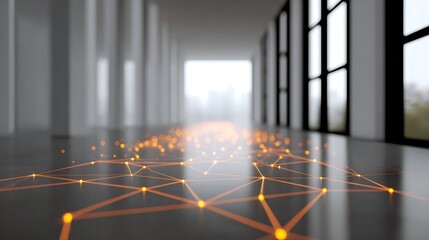 Glowing Orange Data Network Lines Across Modern Architectural Floor