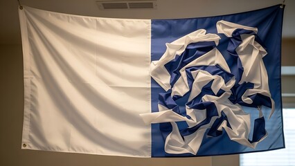 Abstract art created from a white and blue flag draped and folded dramatically