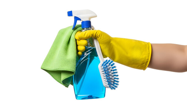 A gloved hand holding cleaning supplies isolated on transparent background, perfect for home care tutorials, janitorial service promotions, and practical lifestyle content.