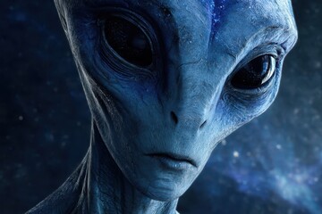 Obraz premium Calm, almond-eyed grey alien portrait with blue-gray skin and soft lighting