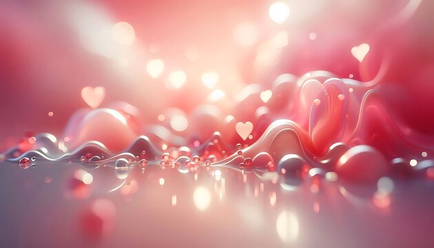 A dreamy abstract background with soft pink and red liquid shapes, glowing hearts, and bokeh lights creating a romantic atmosphere. - Powered by Adobe