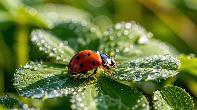Ladybug on Dew-Kissed Clover - A Macro View of Natures Beauty.
