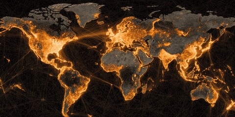 World map showing glowing city lights and lines, illustrating a global network